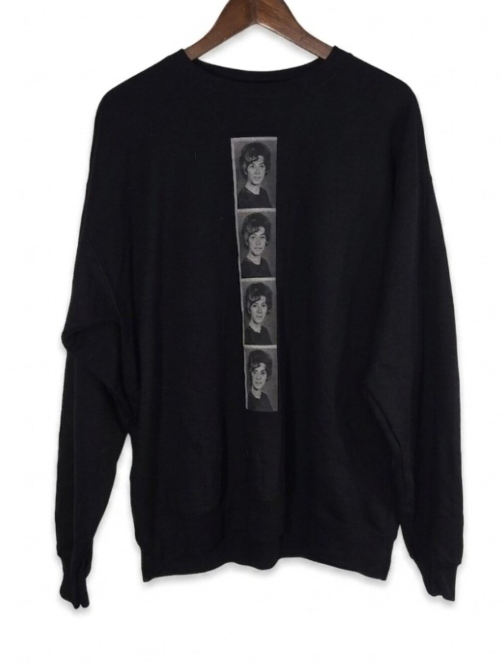 Hanes black crewneck sweatshirt with a vertical, four-panel photographic print